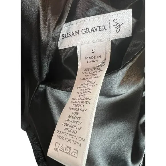 Susan Graver Black Reversible Coat Jacket Faux Fur Satin Hood S Small - Picture 11 of 13